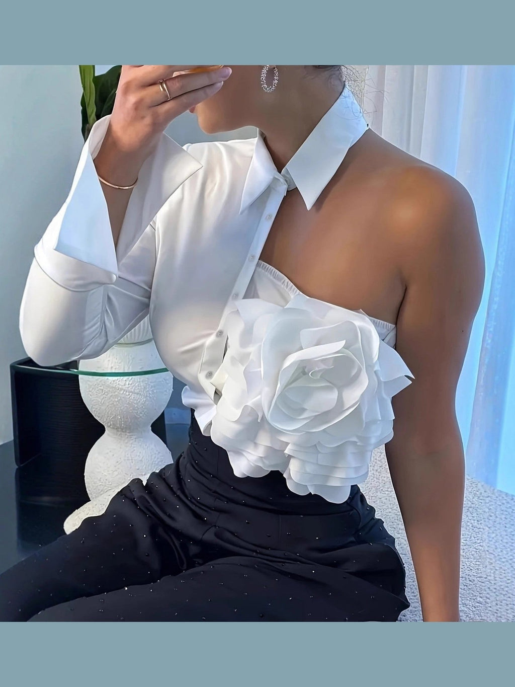 White Blouse With A One-shoulder TOP See size chart under “more details” - Courbe et Compagnie