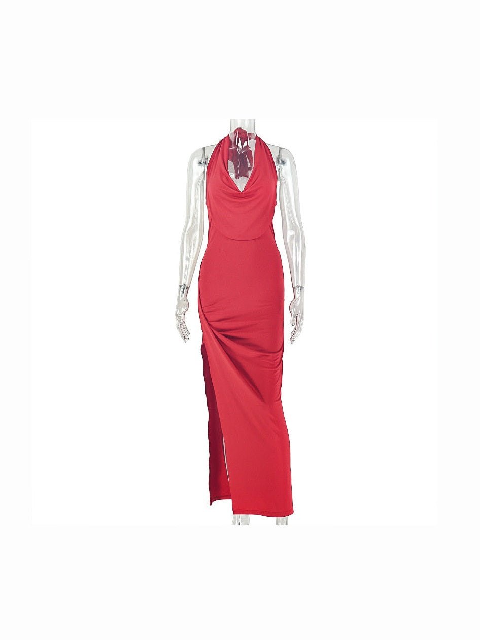 Women Clothing Solid Color Pleated Slimming Side Slit Hip Dress Swing Collar Sleeveless Long Trendy Dress - Courbe et Compagnie
