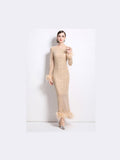 Women Fashion Maxi Party Dress With Crystal Rhinestone Shimmer And Feather Trim - Courbe et Compagnie