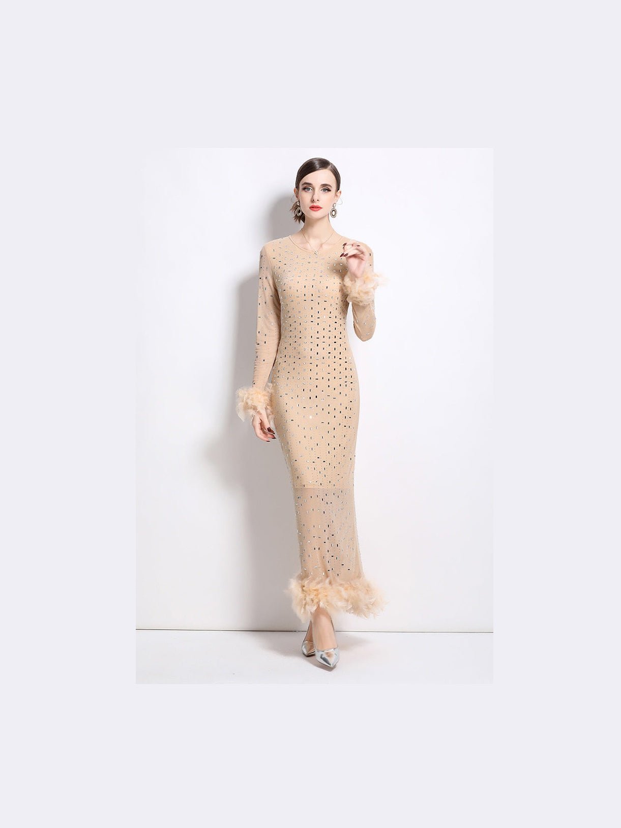 Women Fashion Maxi Party Dress With Crystal Rhinestone Shimmer And Feather Trim - Courbe et Compagnie