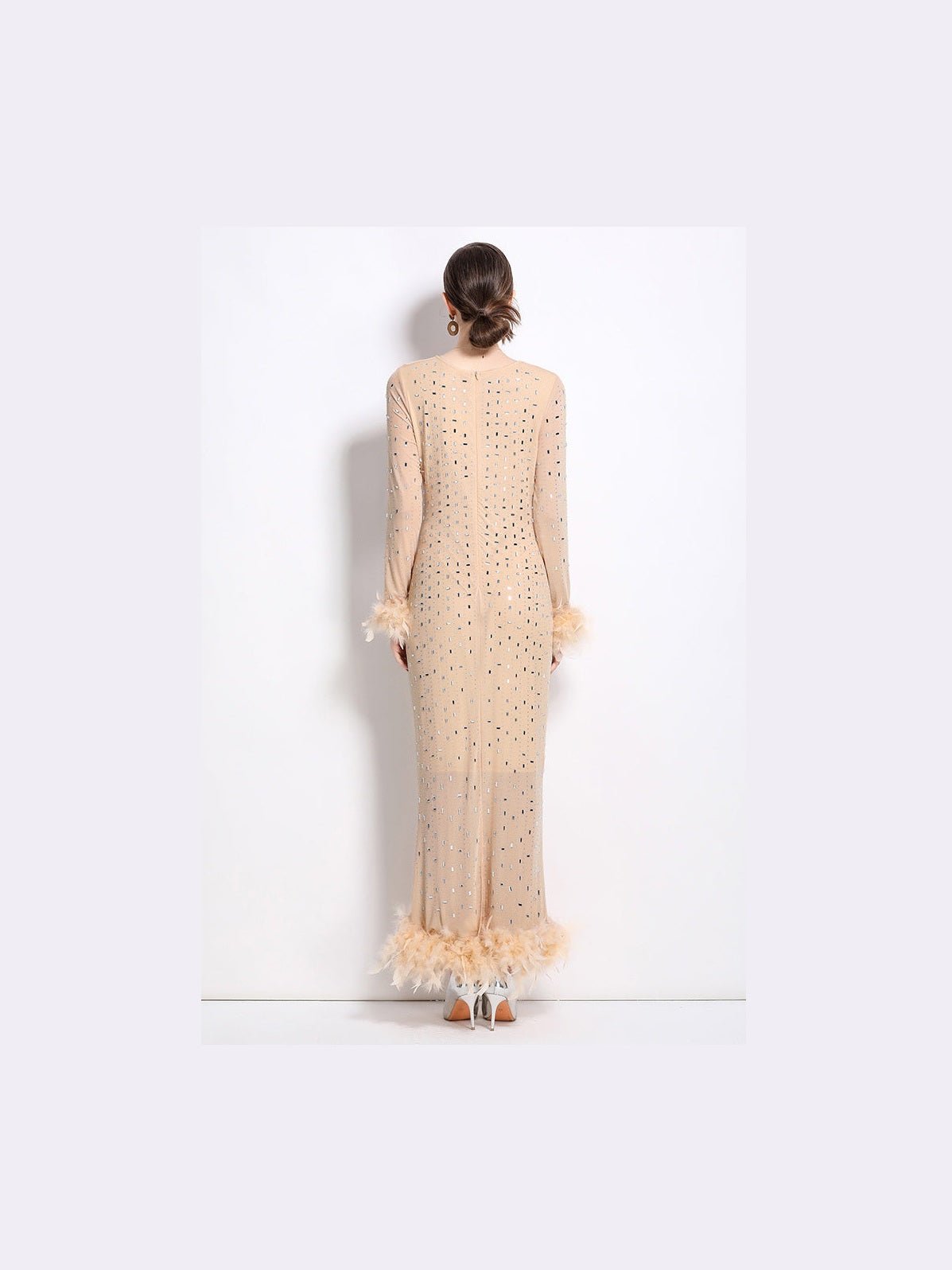 Women Fashion Maxi Party Dress With Crystal Rhinestone Shimmer And Feather Trim - Courbe et Compagnie