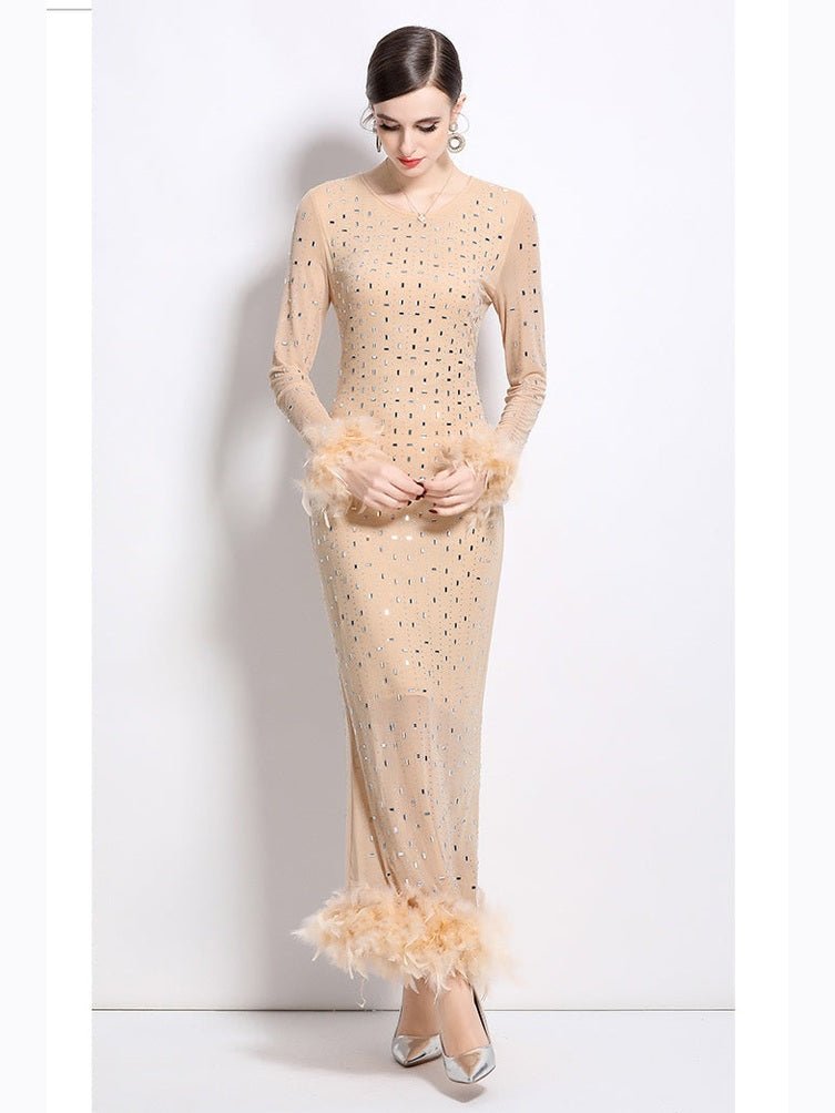 Women Fashion Maxi Party Dress With Crystal Rhinestone Shimmer And Feather Trim - Courbe et Compagnie