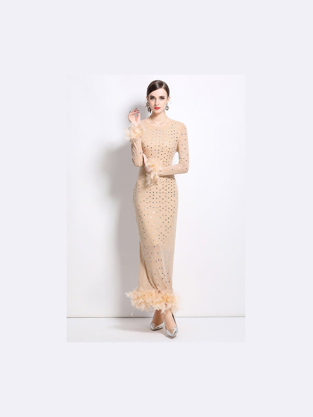 Women Fashion Maxi Party Dress With Crystal Rhinestone Shimmer And Feather Trim - Courbe et Compagnie