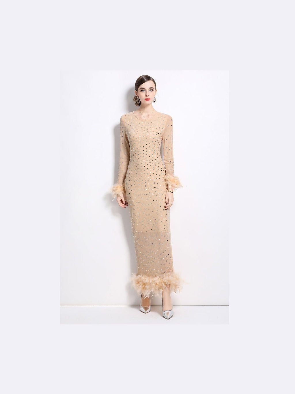 Women Fashion Maxi Party Dress With Crystal Rhinestone Shimmer And Feather Trim - Courbe et Compagnie