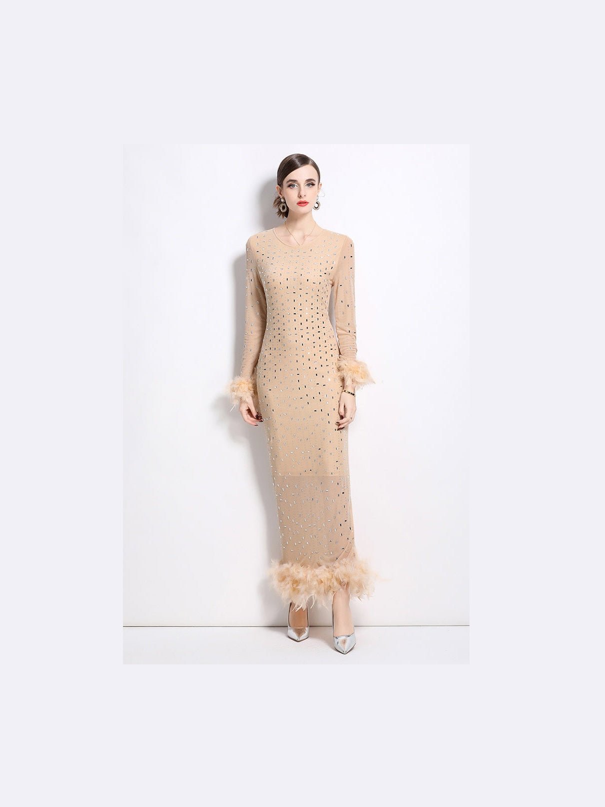 Women Fashion Maxi Party Dress With Crystal Rhinestone Shimmer And Feather Trim - Courbe et Compagnie