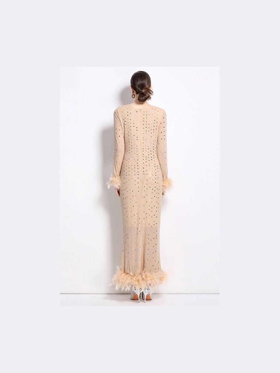 Women Fashion Maxi Party Dress With Crystal Rhinestone Shimmer And Feather Trim - Courbe et Compagnie