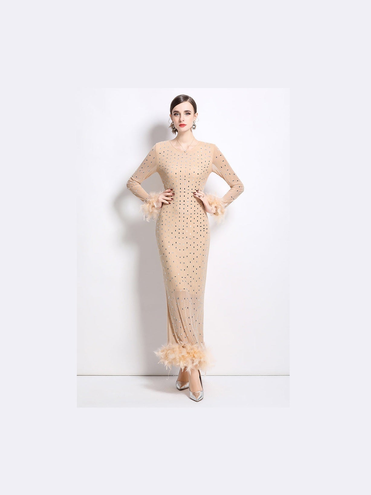 Women Fashion Maxi Party Dress With Crystal Rhinestone Shimmer And Feather Trim - Courbe et Compagnie