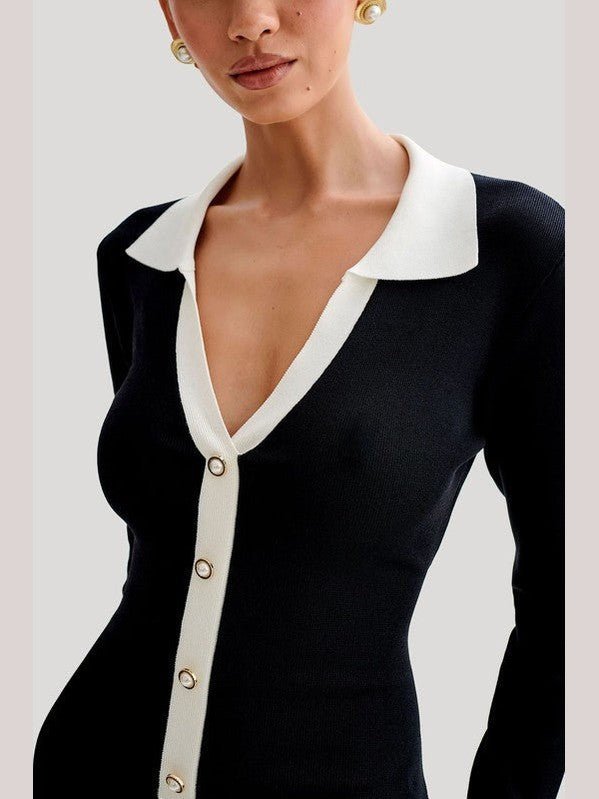 Women Fashion Sweater Mini Dress Long Sleeve V Neck Front Button Ribbed Hem - Courbe et Compagnie