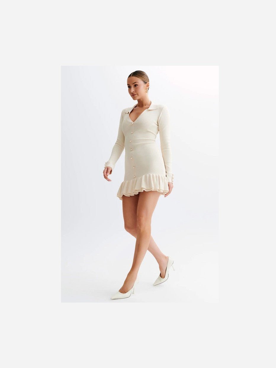 Women Fashion Sweater Mini Dress Long Sleeve V Neck Front Button Ribbed Hem - Courbe et Compagnie