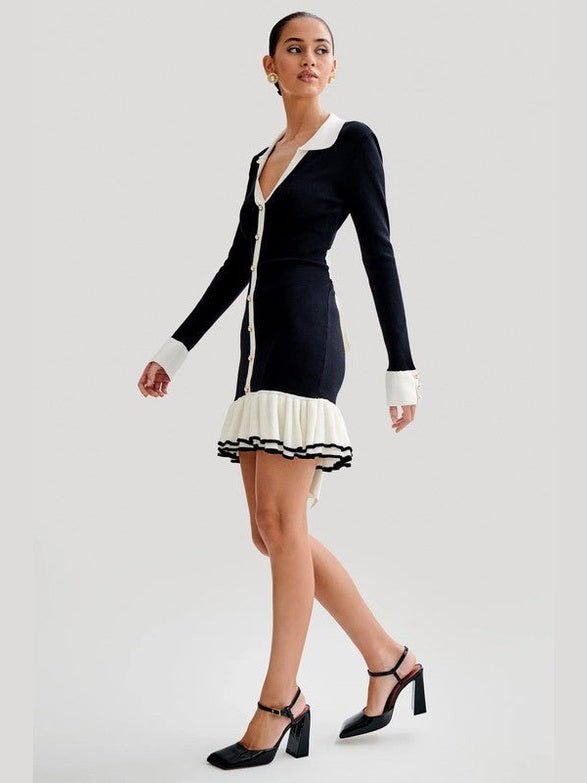 Women Fashion Sweater Mini Dress Long Sleeve V Neck Front Button Ribbed Hem - Courbe et Compagnie