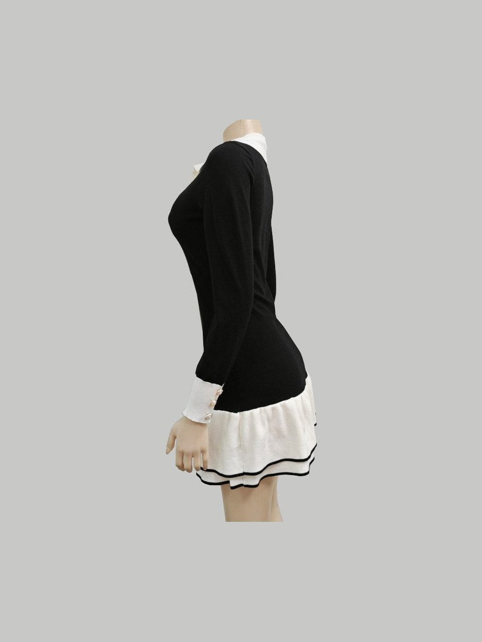 Women Fashion Sweater Mini Dress Long Sleeve V Neck Front Button Ribbed Hem - Courbe et Compagnie
