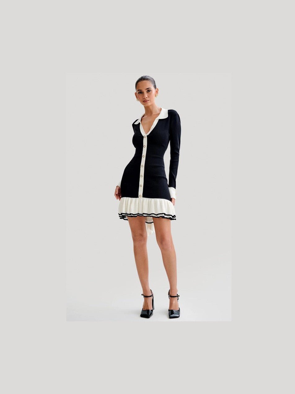 Women Fashion Sweater Mini Dress Long Sleeve V Neck Front Button Ribbed Hem - Courbe et Compagnie