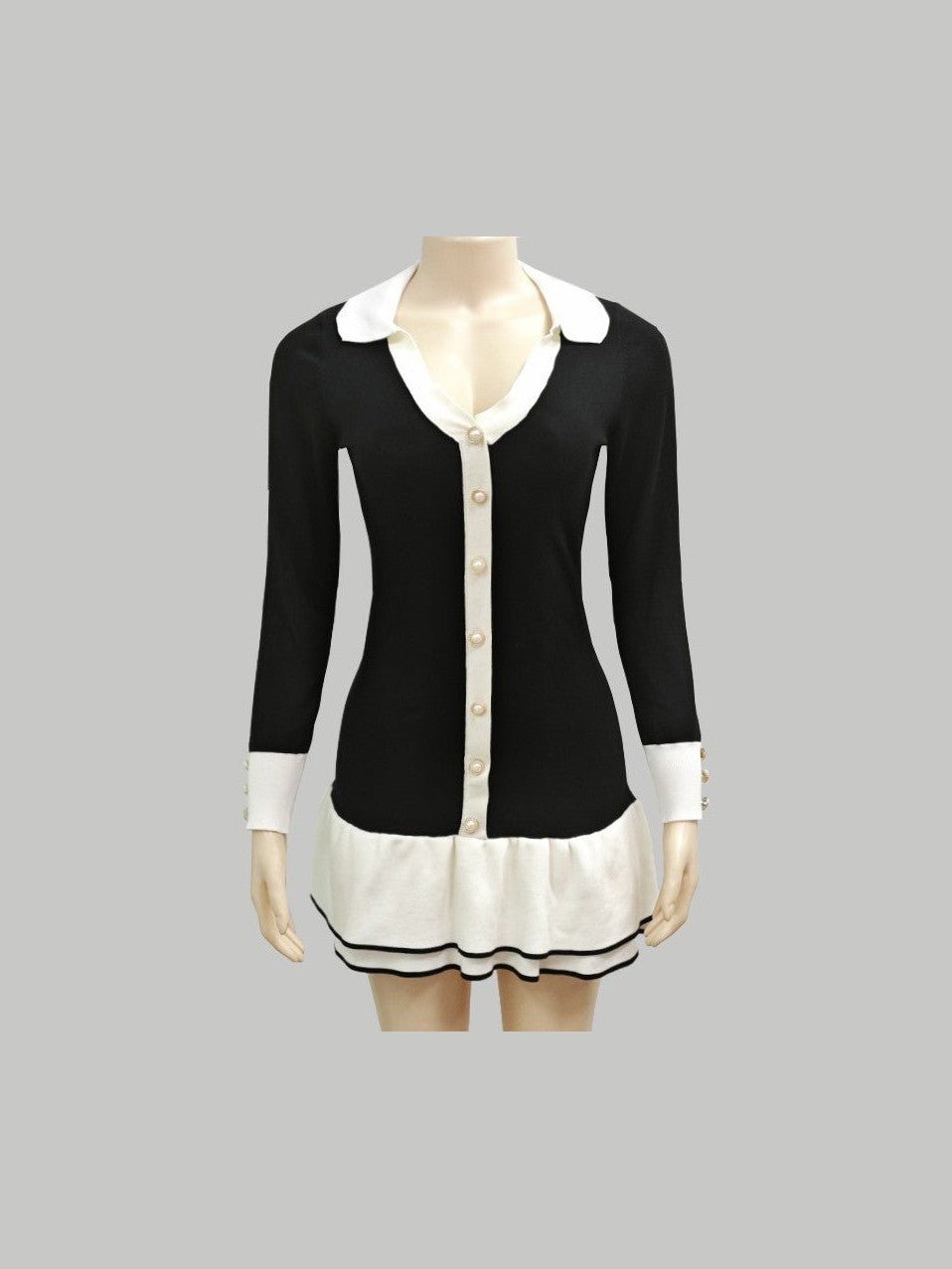 Women Fashion Sweater Mini Dress Long Sleeve V Neck Front Button Ribbed Hem - Courbe et Compagnie