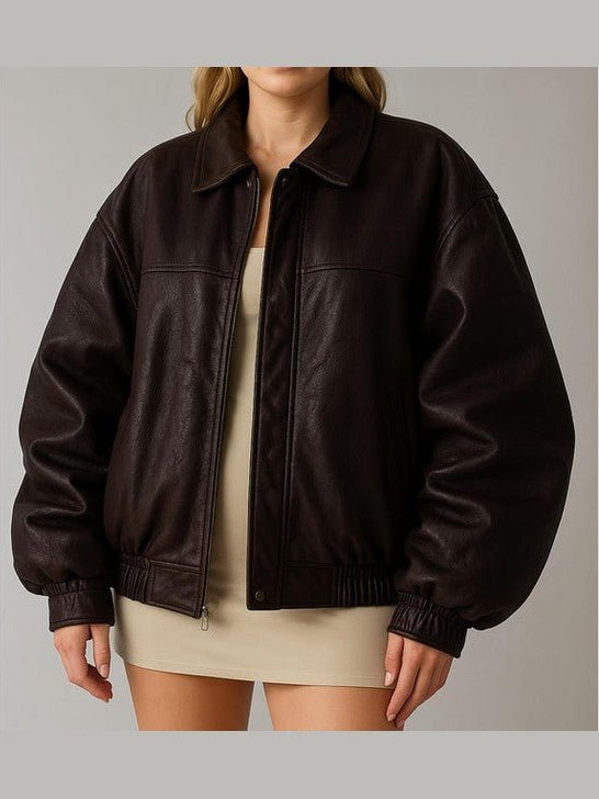 Women Handmade Brown Oversize Bomber Lambskin Soft Real Leather Jacket | Women Casual Wear Genuine Leather Jacket - Courbe et Compagnie