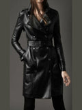 Women Military Style Black Leather Coat - Courbe et Compagnie