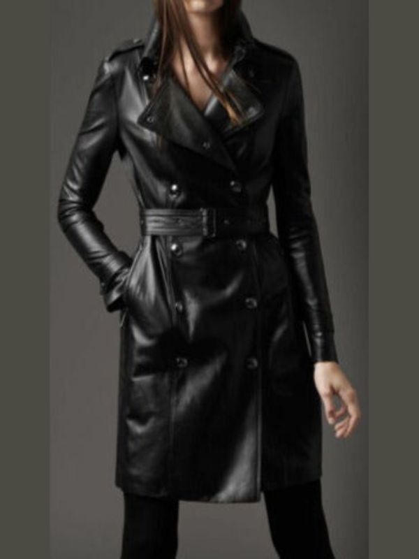 Women Military Style Black Leather Coat - Courbe et Compagnie