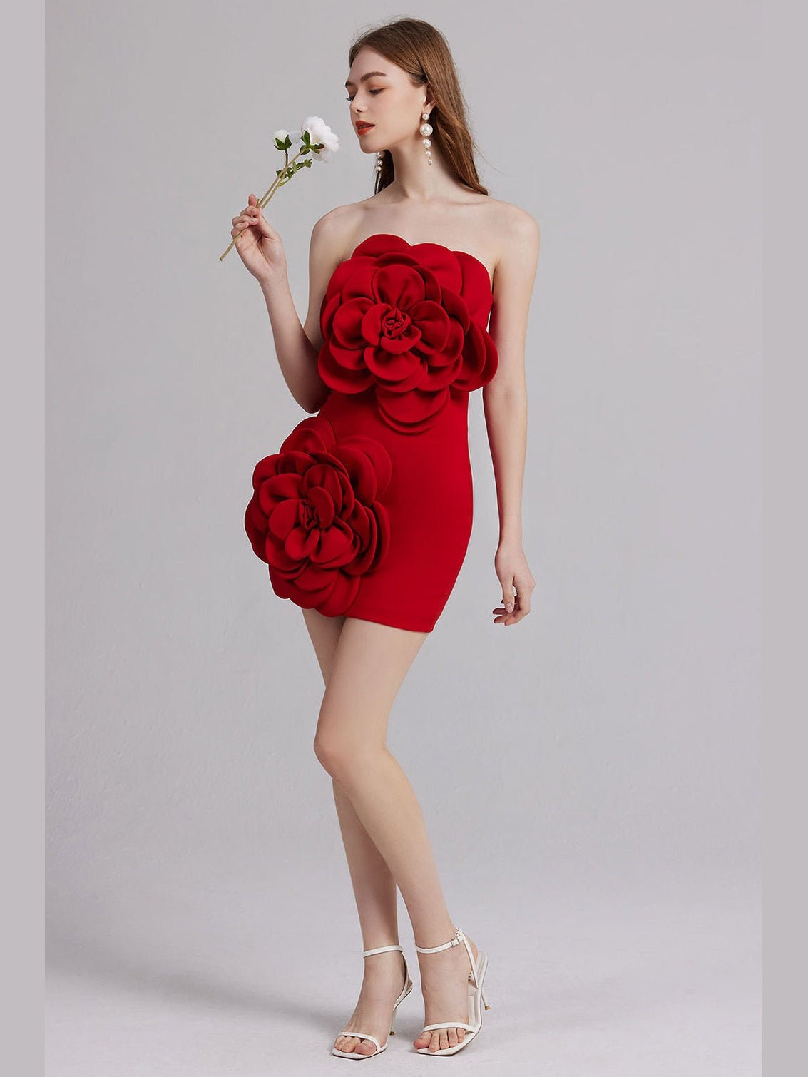 Women Party Dress 3D Floral Embellishments Strapless Corset Bodice Back Zip - Courbe et Compagnie
