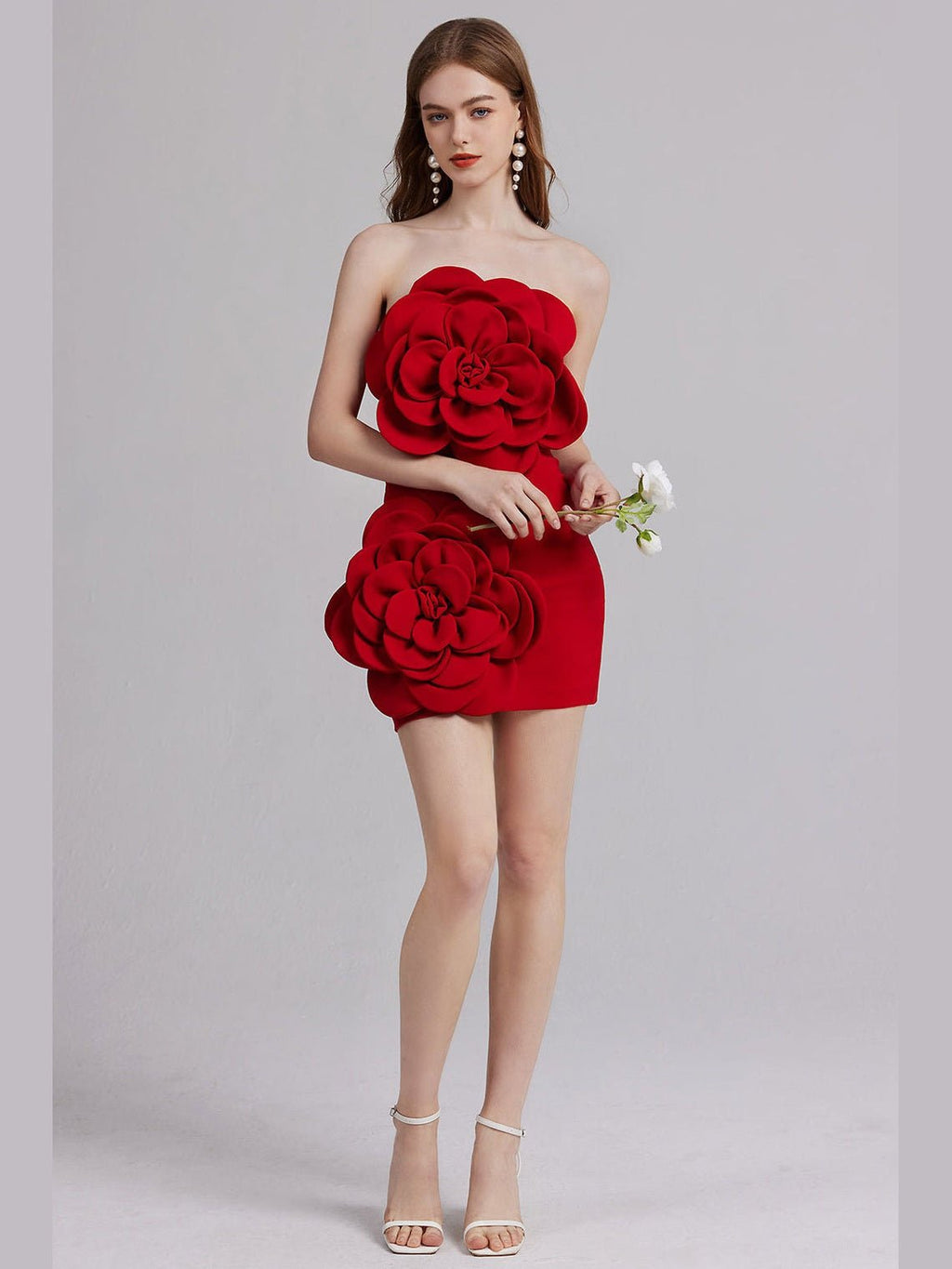 Women Party Dress 3D Floral Embellishments Strapless Corset Bodice Back Zip - Courbe et Compagnie