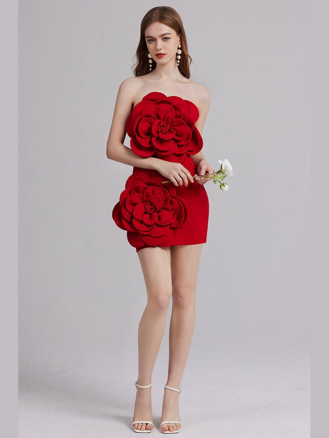 Women Party Dress 3D Floral Embellishments Strapless Corset Bodice Back Zip - Courbe et Compagnie