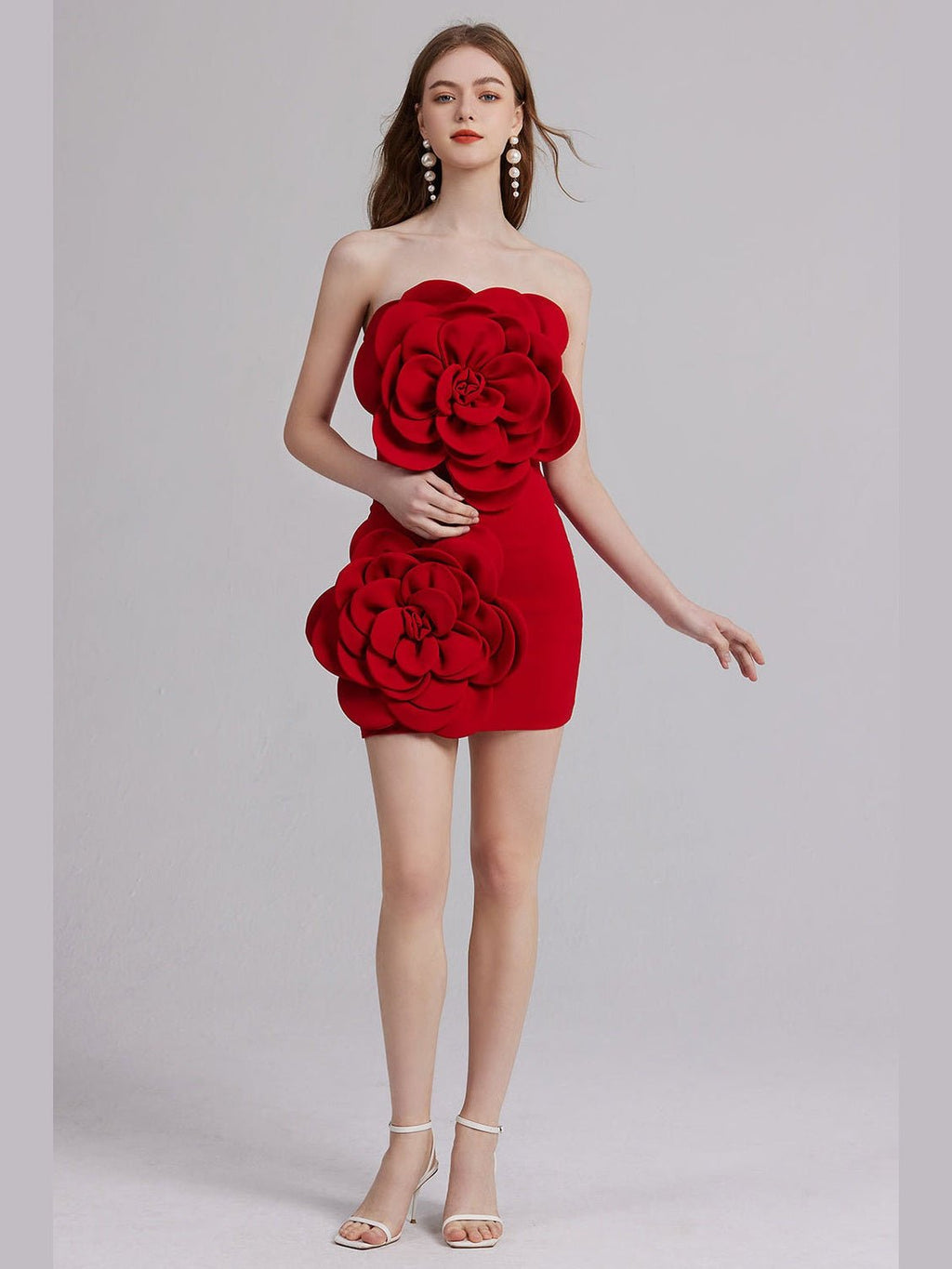 Women Party Dress 3D Floral Embellishments Strapless Corset Bodice Back Zip - Courbe et Compagnie