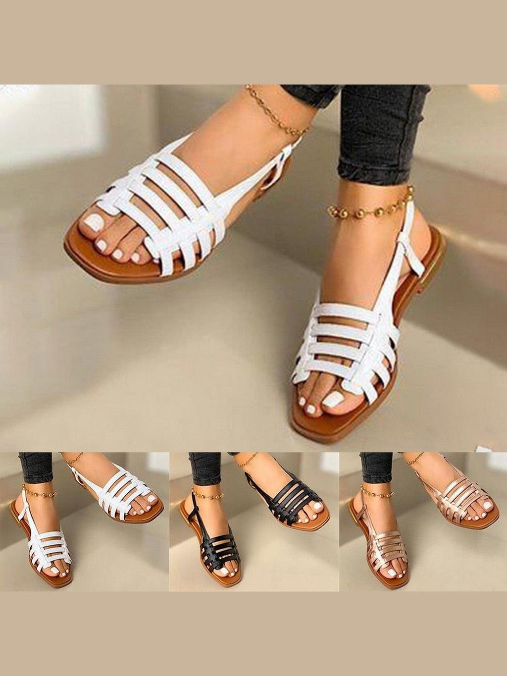 Women Sandals Summer Hollow Out Shoes Open Toe Beach Flats Ladies Footwear Strappy Flat Sandals Adjustable Casual Sandal With Open Toe Slingback Elegant Sandals - Courbe et Compagnie