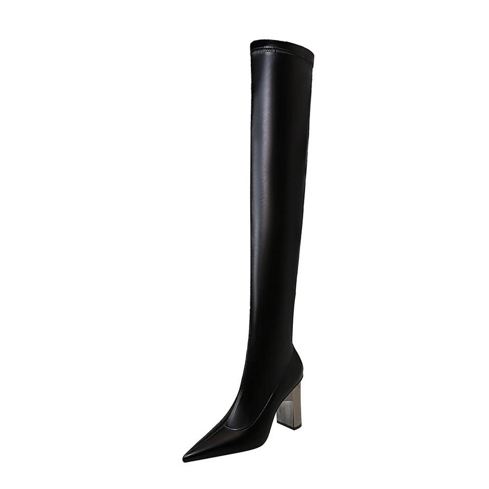 Women Thigh High Shoes Pointed Toe Over Knee Boots Square Heels - Courbe et Compagnie