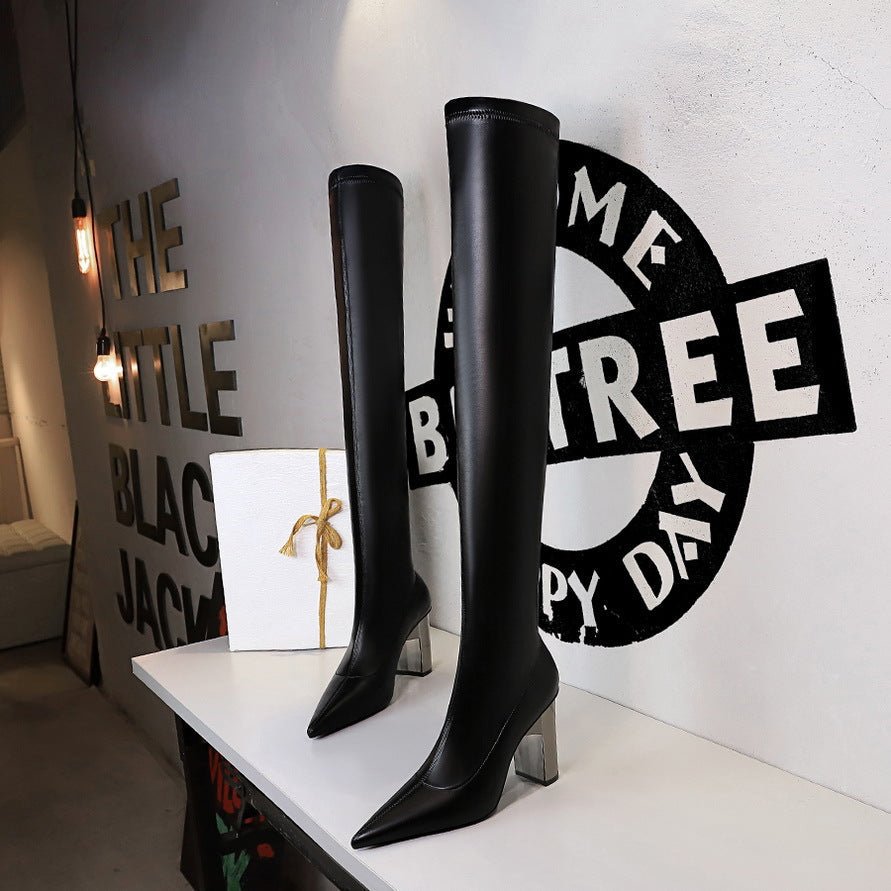 Women Thigh High Shoes Pointed Toe Over Knee Boots Square Heels - Courbe et Compagnie