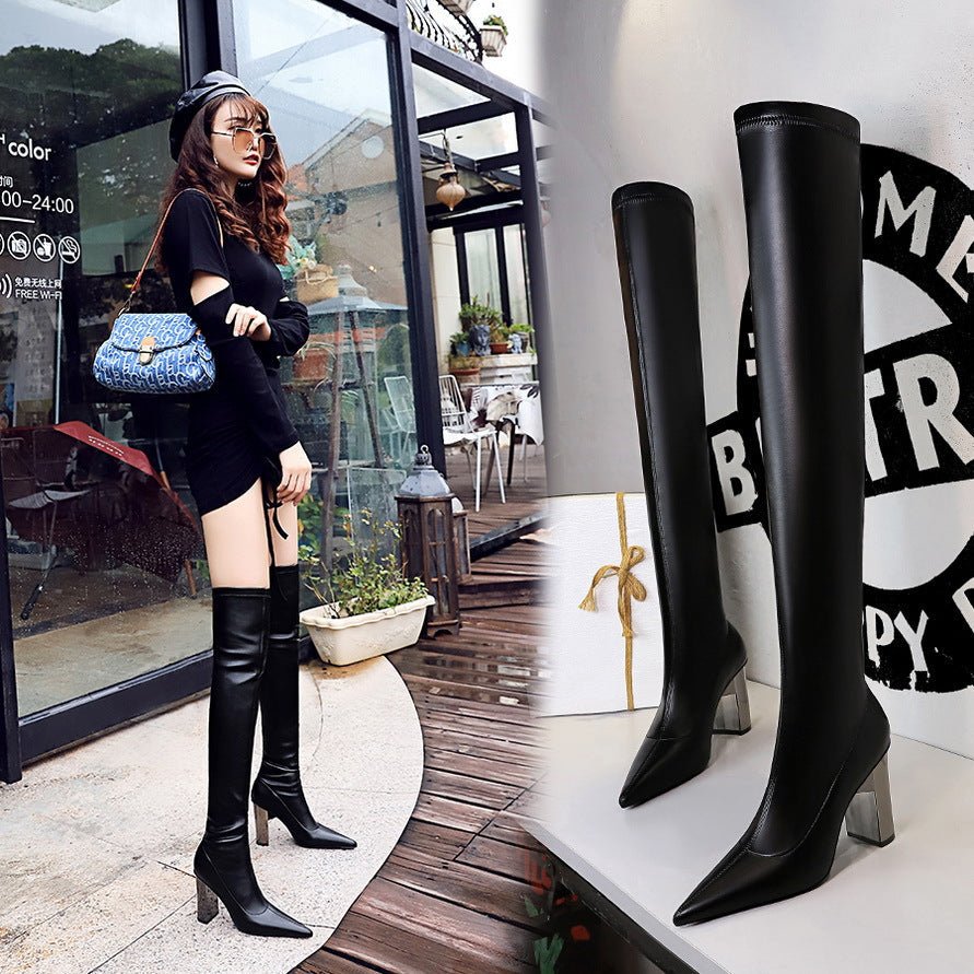 Women Thigh High Shoes Pointed Toe Over Knee Boots Square Heels - Courbe et Compagnie