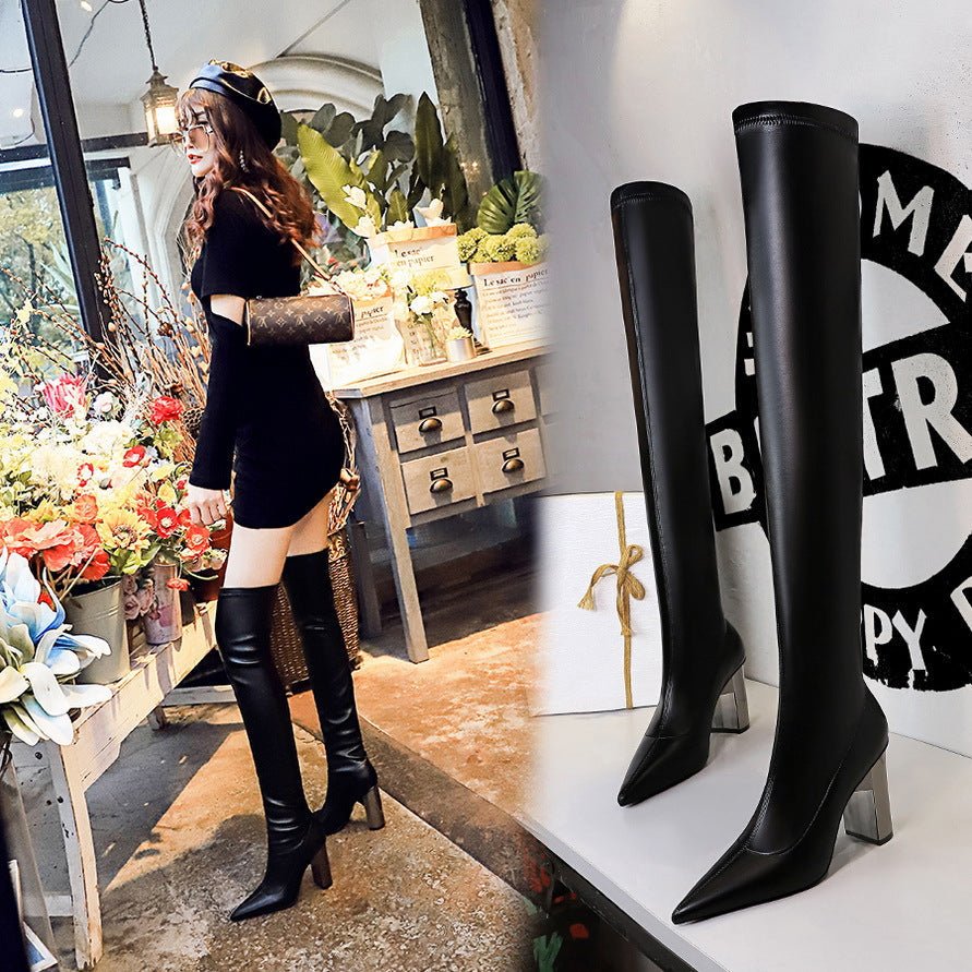 Women Thigh High Shoes Pointed Toe Over Knee Boots Square Heels - Courbe et Compagnie