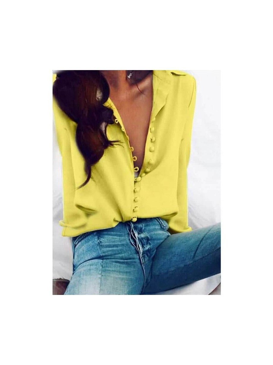 Women's Blouse Shirt Solid Colored Long Sleeve Button V Neck Basic Tops - Courbe et Compagnie