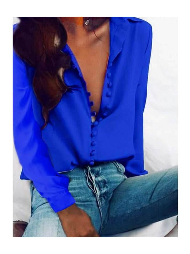 Women's Blouse Shirt Solid Colored Long Sleeve Button V Neck Basic Tops - Courbe et Compagnie