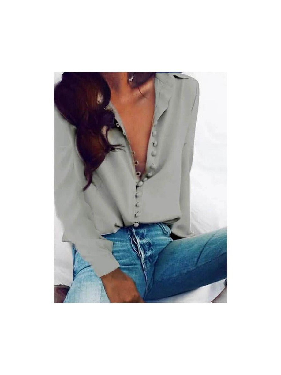 Women's Blouse Shirt Solid Colored Long Sleeve Button V Neck Basic Tops - Courbe et Compagnie