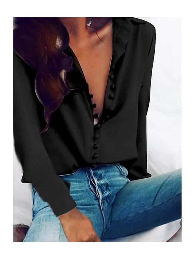 Women's Blouse Shirt Solid Colored Long Sleeve Button V Neck Basic Tops - Courbe et Compagnie