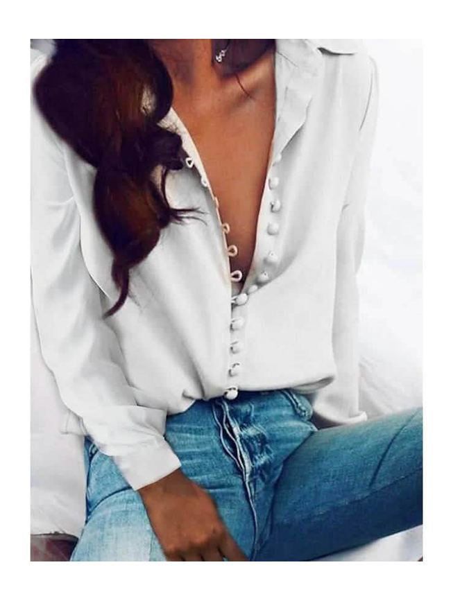 Women's Blouse Shirt Solid Colored Long Sleeve Button V Neck Basic Tops - Courbe et Compagnie