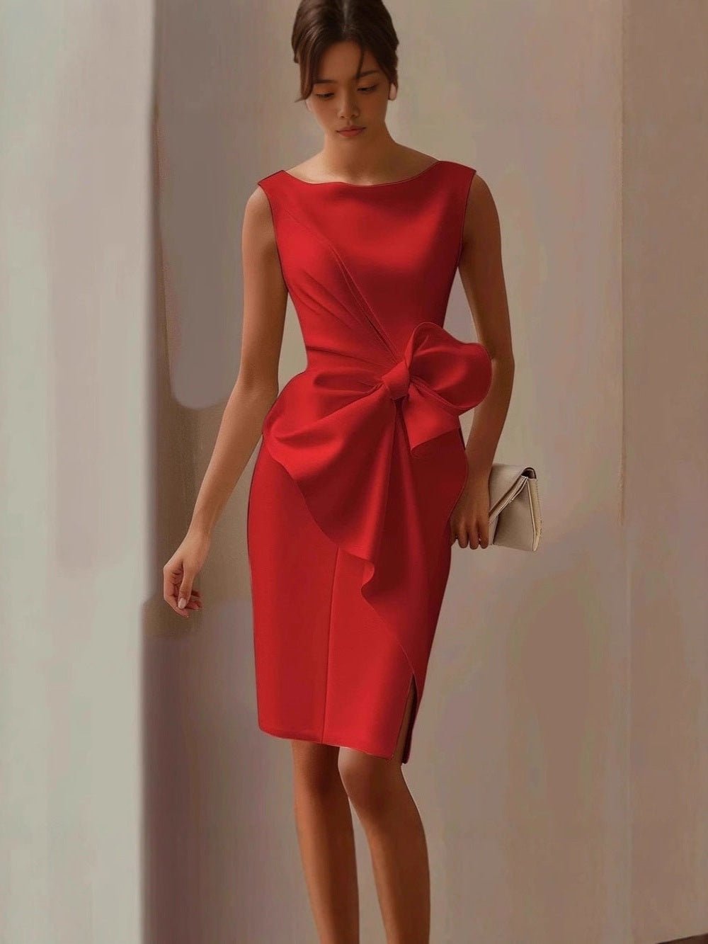 Women's Bow-Knot Sleeveless Midi Dress – High Waist A-Line - Courbe et Compagnie