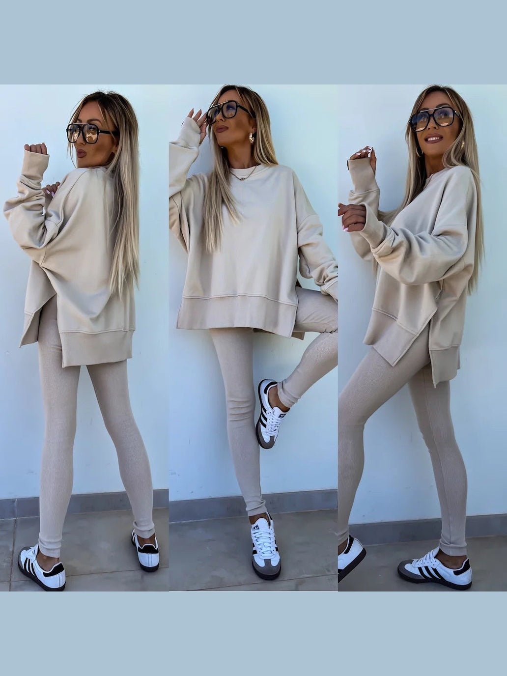 Women’s Casual Sweater Suit – Loose Split Top & Fitted Trousers Set - Courbe et Compagnie