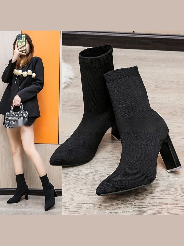 Women’s Chunky-Heeled Knitted Suede Ankle Boots - Courbe et Compagnie