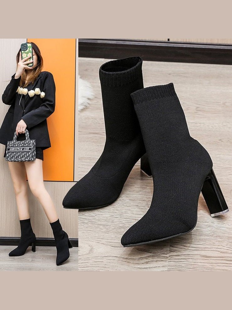 Women’s Chunky-Heeled Knitted Suede Ankle Boots - Courbe et Compagnie