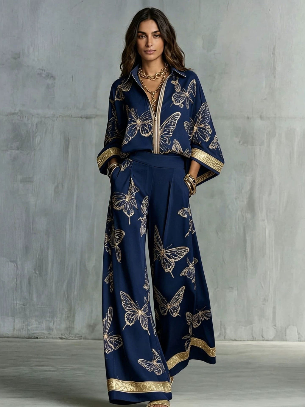 Women's Deep V-Neck Zipper Top & Wide Leg Pants Two-Piece Set - Courbe et Compagnie
