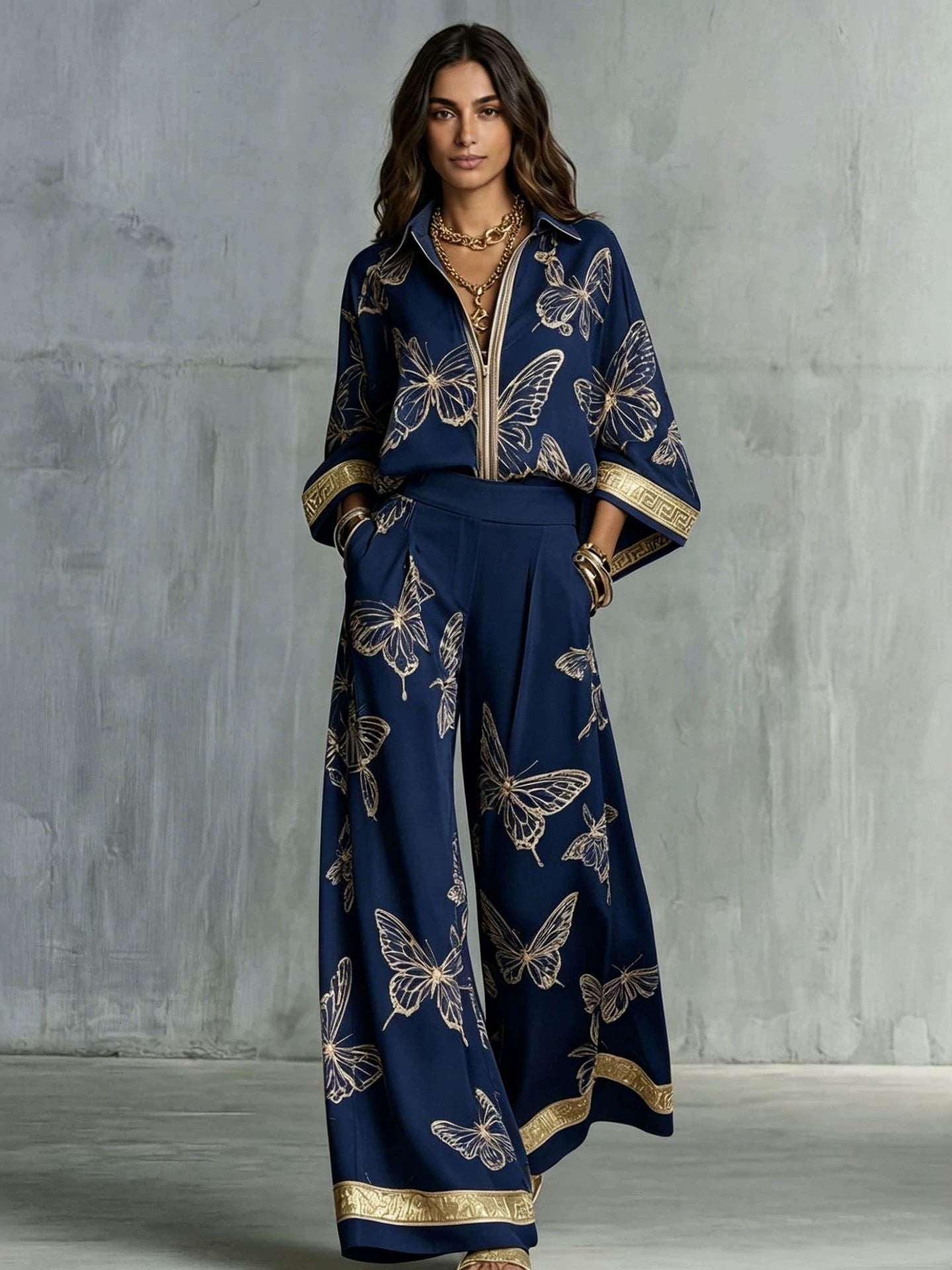 Women's Deep V-Neck Zipper Top & Wide Leg Pants Two-Piece Set - Courbe et Compagnie