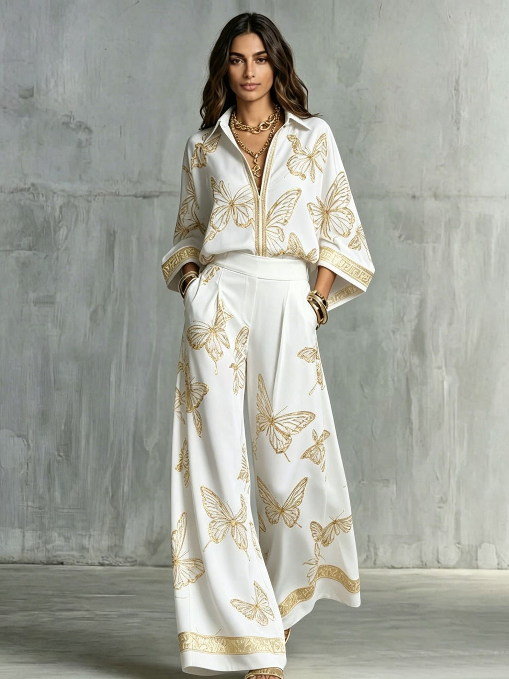 Women's Deep V-Neck Zipper Top & Wide Leg Pants Two-Piece Set - Courbe et Compagnie