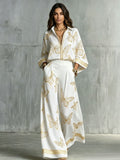 Women's Deep V-Neck Zipper Top & Wide Leg Pants Two-Piece Set - Courbe et Compagnie