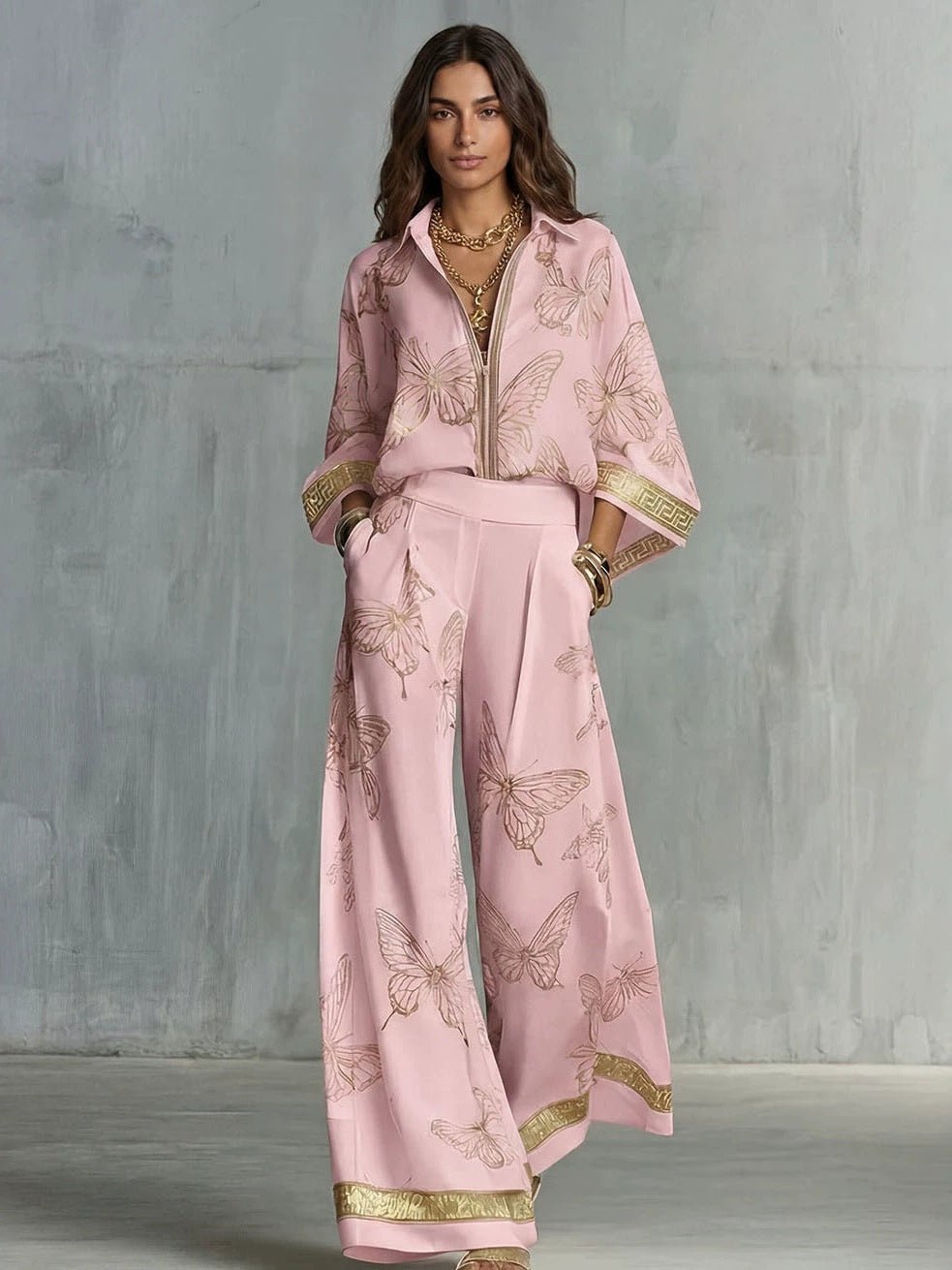 Women's Deep V-Neck Zipper Top & Wide Leg Pants Two-Piece Set - Courbe et Compagnie