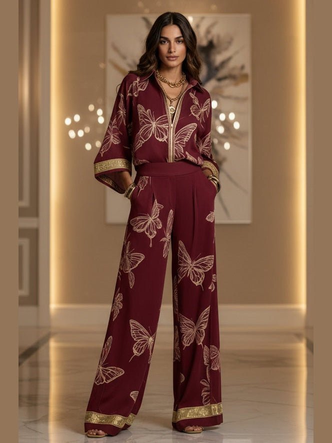 Women's Deep V-Neck Zipper Top & Wide Leg Pants Two-Piece Set - Courbe et Compagnie
