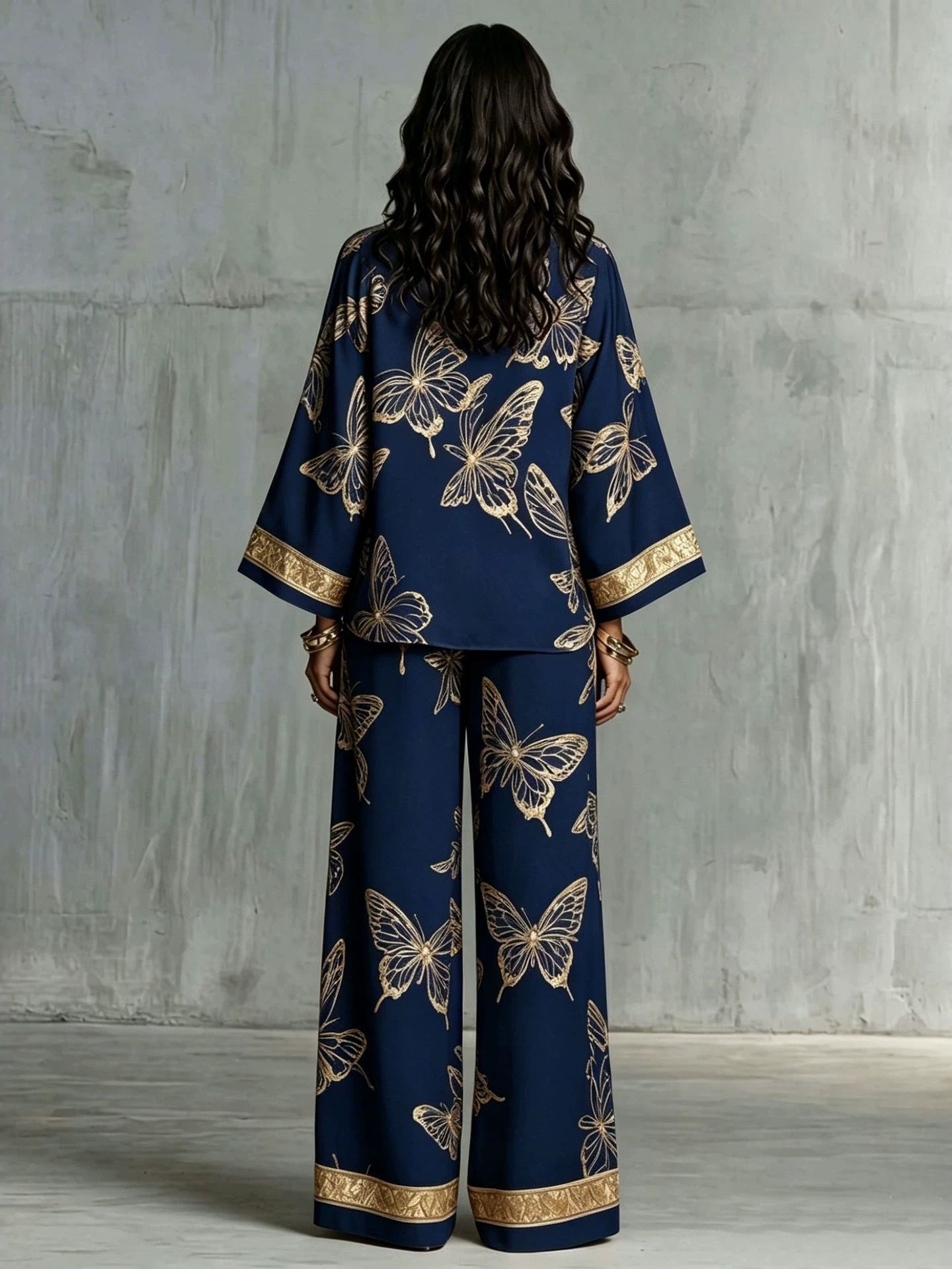 Women's Deep V-Neck Zipper Top & Wide Leg Pants Two-Piece Set - Courbe et Compagnie