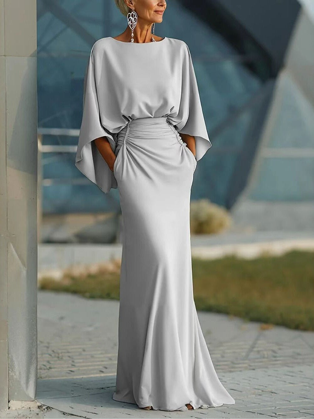 Women's Elegant Backless Pleated Batwing Sleeve Maxi Dress — Silver Mermaid Gown - Courbe et Compagnie