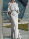 Women's Elegant Backless Pleated Batwing Sleeve Maxi Dress — Silver Mermaid Gown - Courbe et Compagnie
