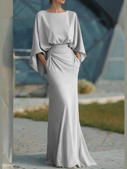 Women's Elegant Backless Pleated Batwing Sleeve Maxi Dress — Silver Mermaid Gown - Courbe et Compagnie