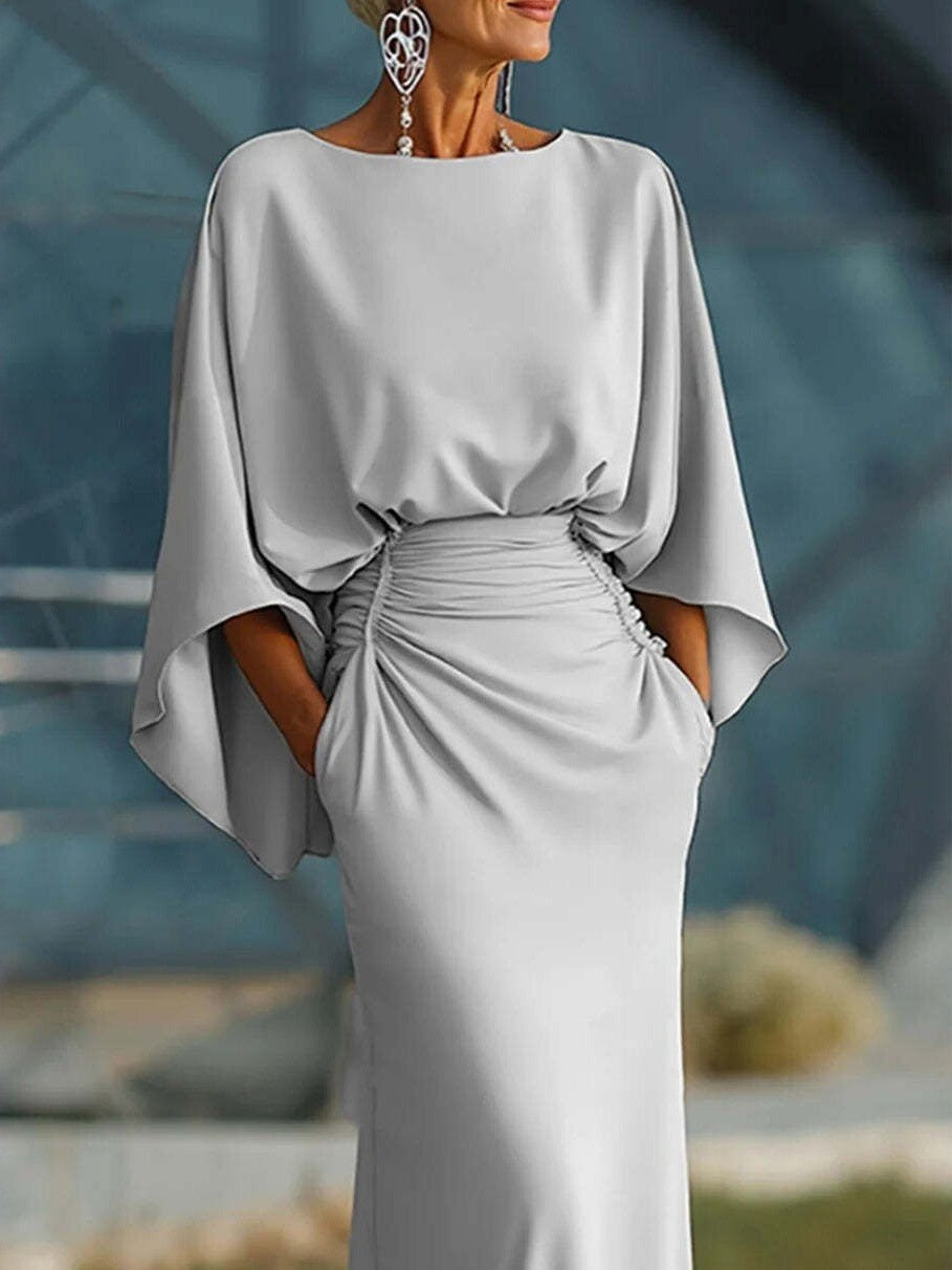 Women's Elegant Backless Pleated Batwing Sleeve Maxi Dress — Silver Mermaid Gown - Courbe et Compagnie