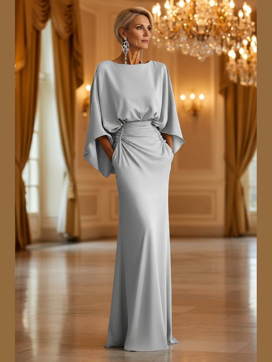 Women's Elegant Backless Pleated Batwing Sleeve Maxi Dress — Silver Mermaid Gown - Courbe et Compagnie